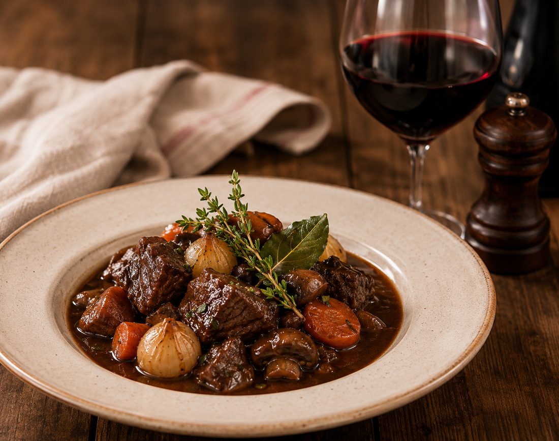 Bœuf bourguignon et verre de vin